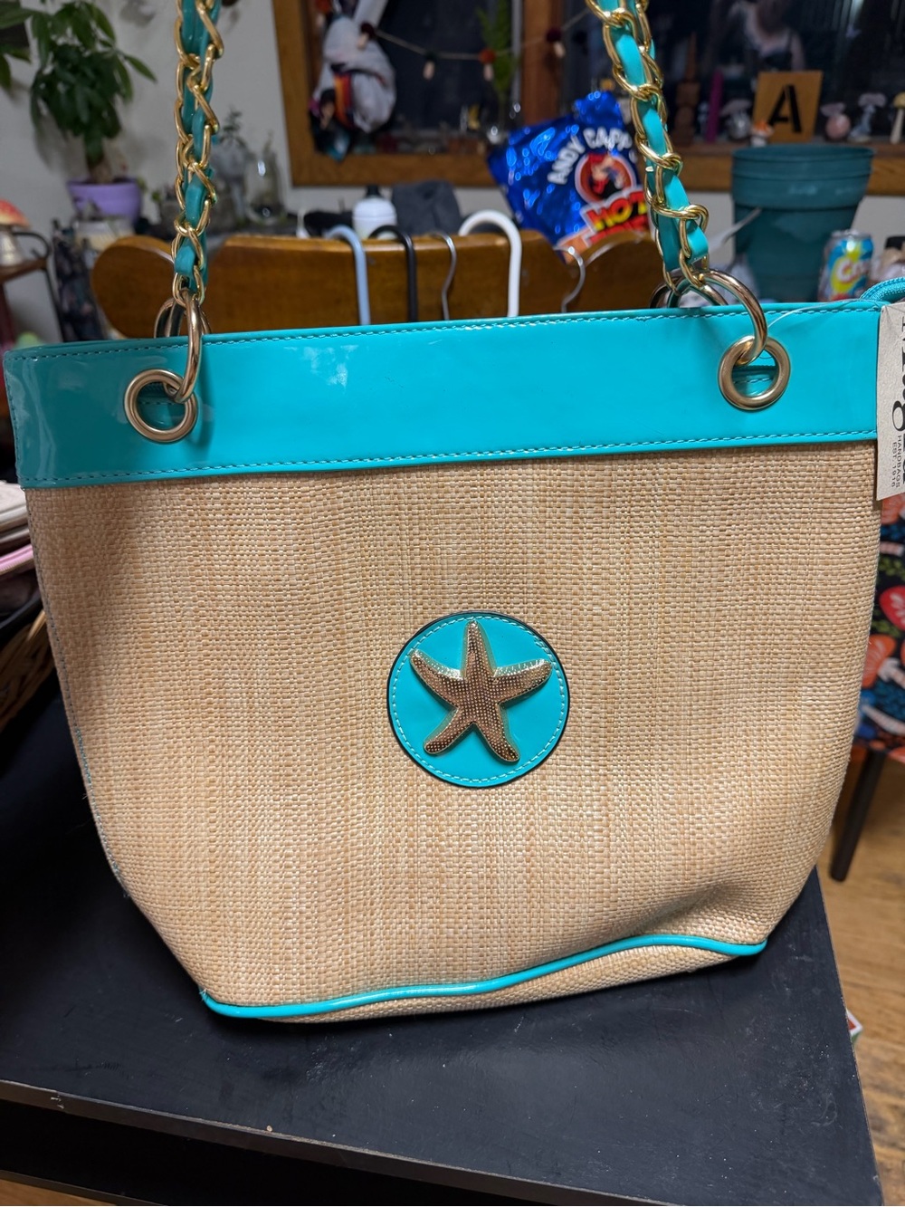 Woven Straw Tote with Turquoise Trim and Starfish Accent by Magid handbags NWT
